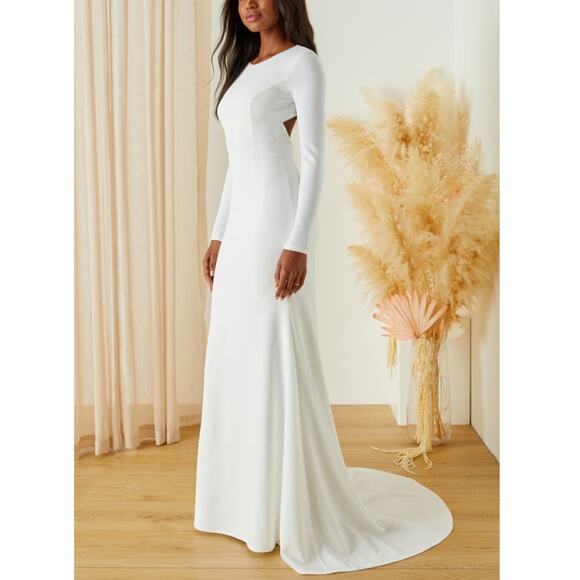 NEW Lulus Bridal Eloquent Endearment White Long Sleeve Backless Maxi Gown Dress